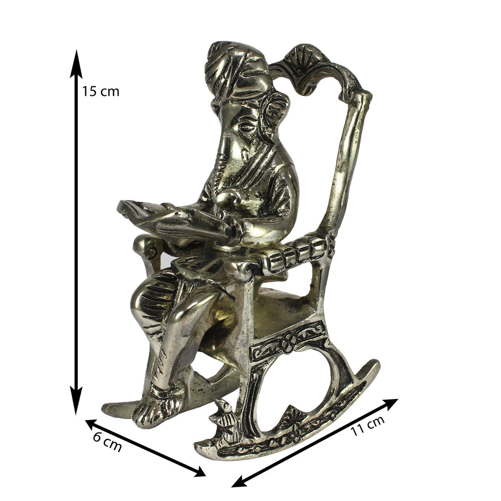 Silver Metal Lord Ganesha Idol Reading Book on Rocking Chair Kafalo