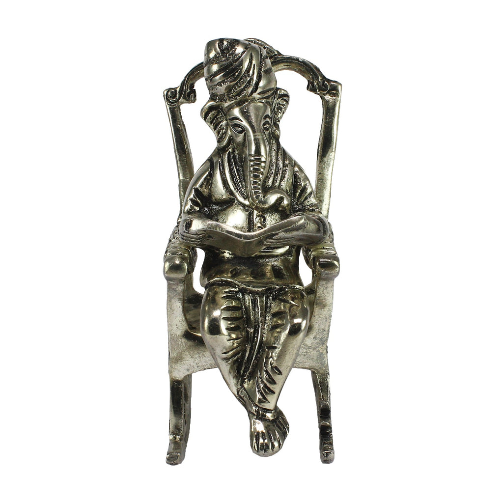 Silver Metal Lord Ganesha Idol Reading Book on Rocking Chair Kafalo