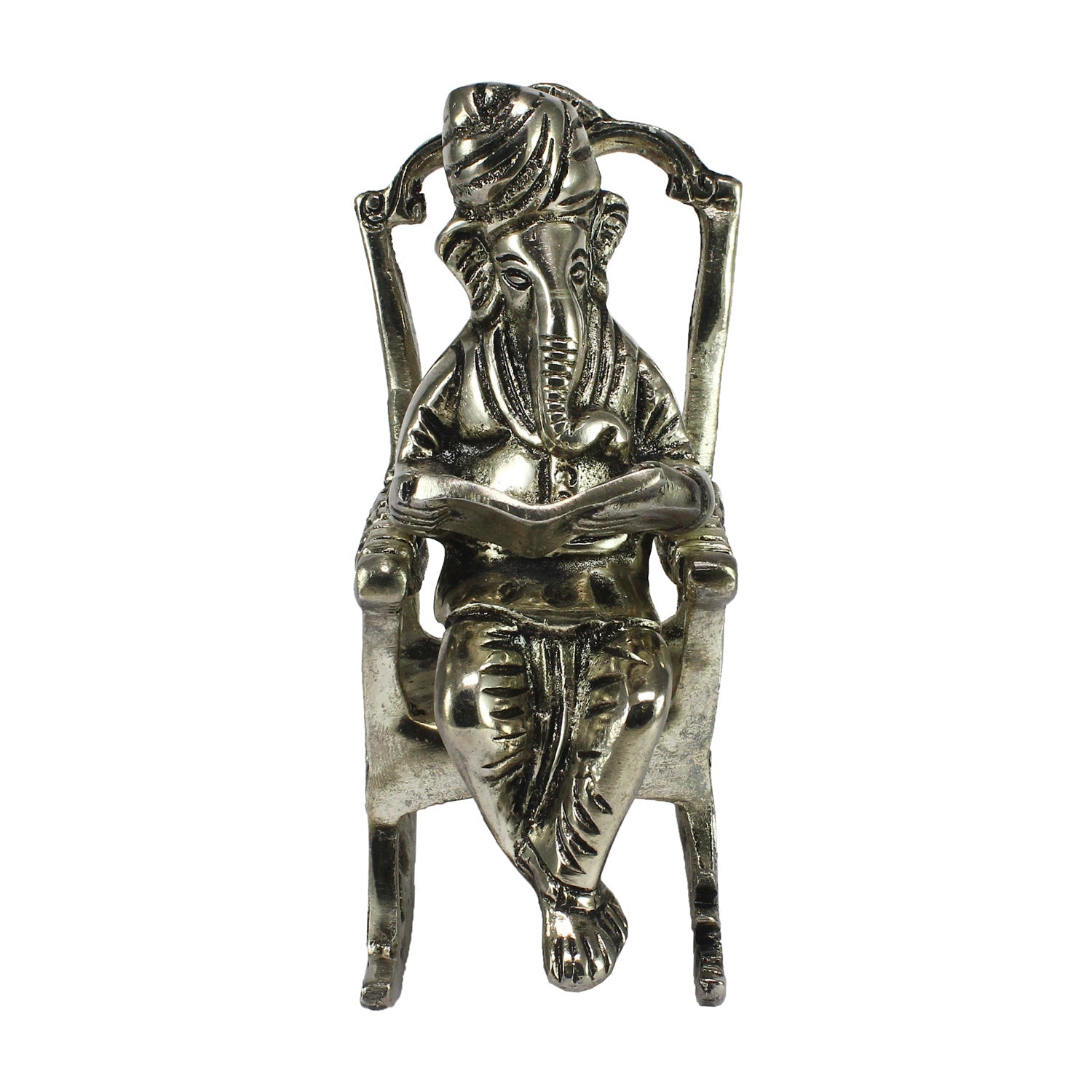 Silver Metal Lord Ganesha Idol Reading Book on Rocking Chair Kafalo