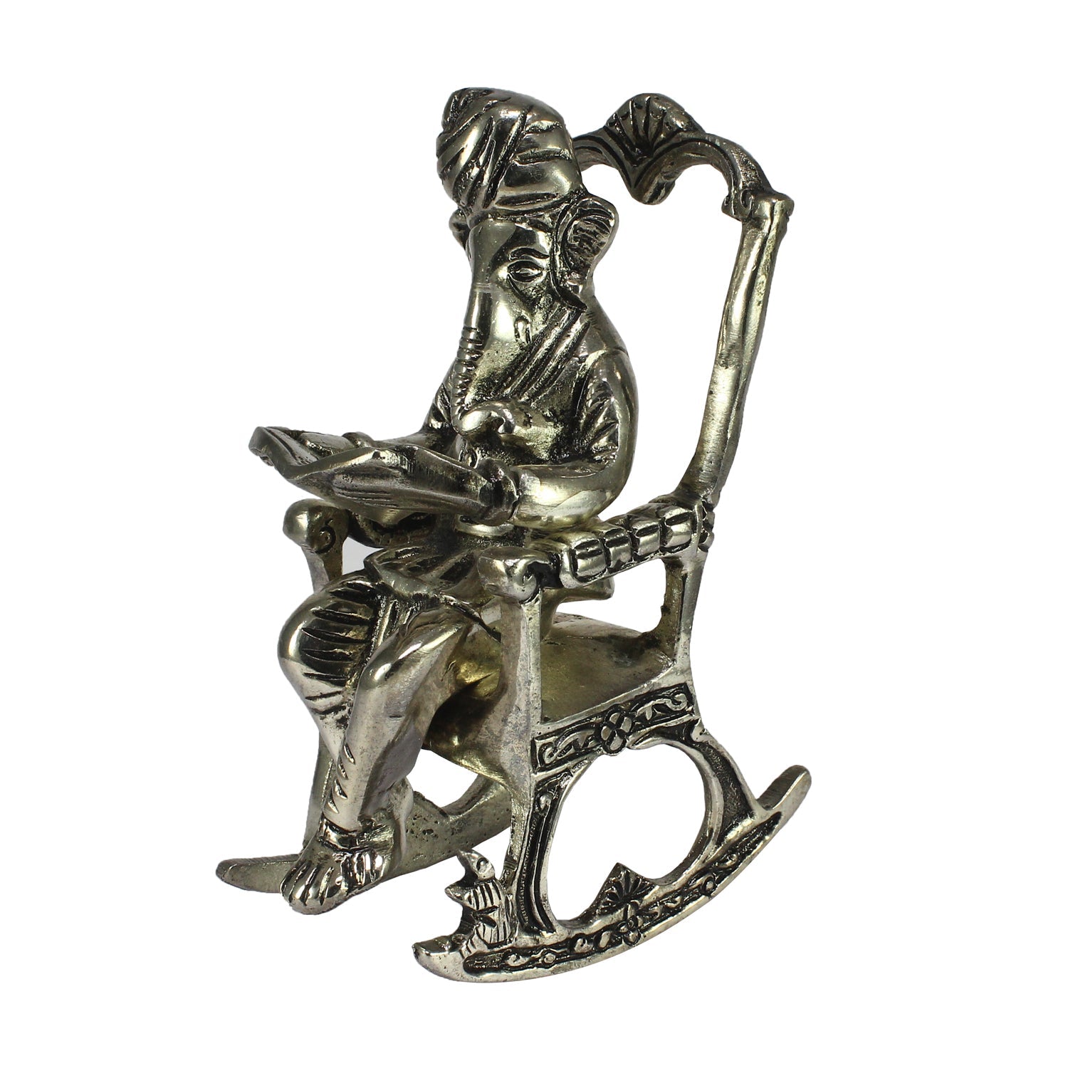 Silver Metal Lord Ganesha Idol Reading Book on Rocking Chair Kafalo
