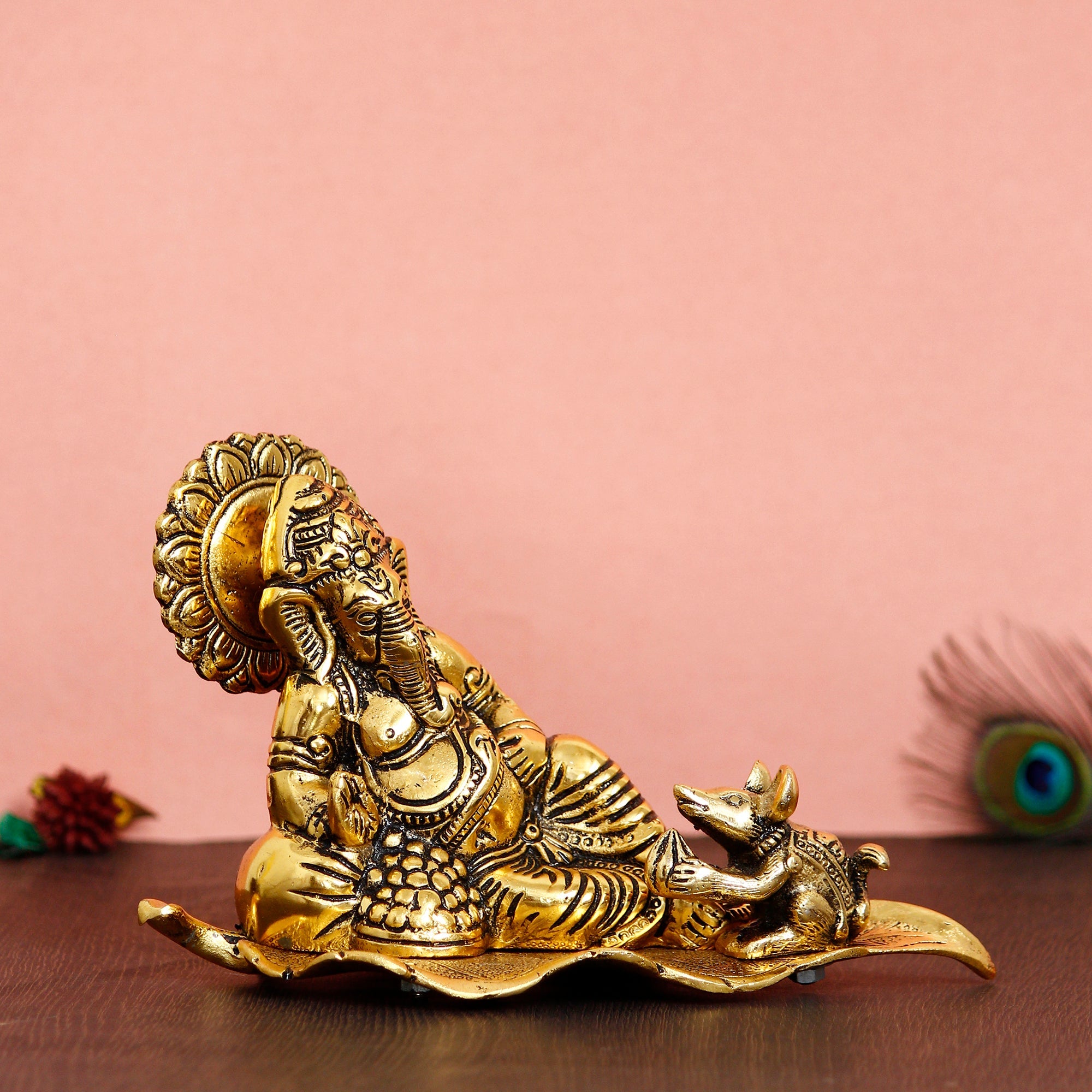Golden Resting Lord Ganesha Idol With Mushak Metal Decorative Showpiece Kafalo