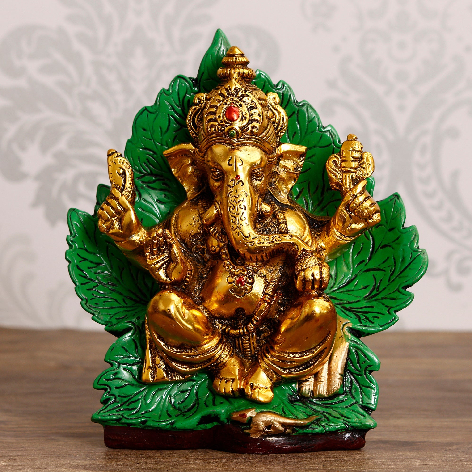 Golden Metal Lord Ganesha Idol Sitting on Green Throne Kafalo