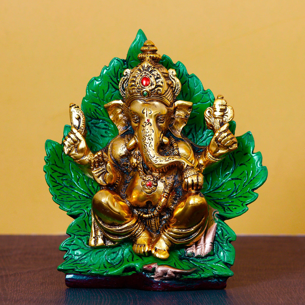 Golden Metal Lord Ganesha Idol Sitting on Green Throne Kafalo