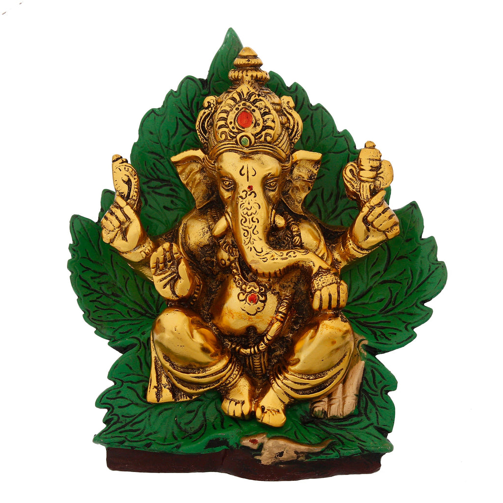 Golden Metal Lord Ganesha Idol Sitting on Green Throne Kafalo