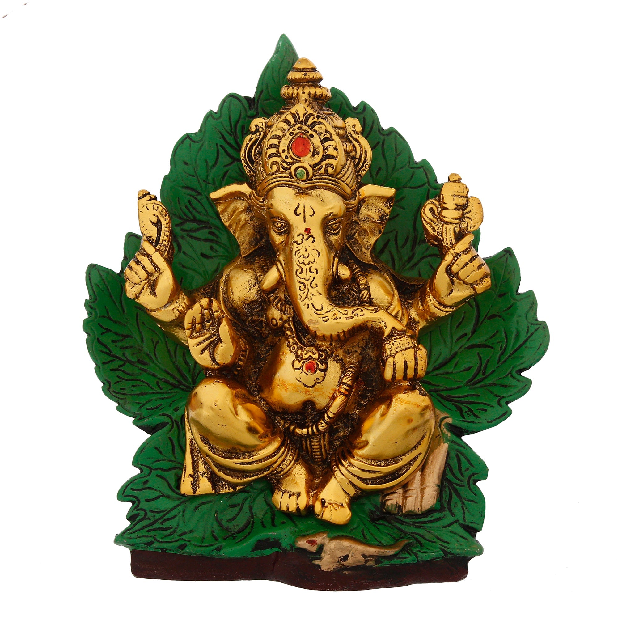 Golden Metal Lord Ganesha Idol Sitting on Green Throne Kafalo
