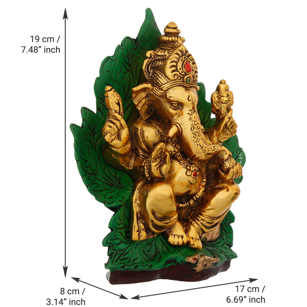 Golden Metal Lord Ganesha Idol Sitting on Green Throne Kafalo