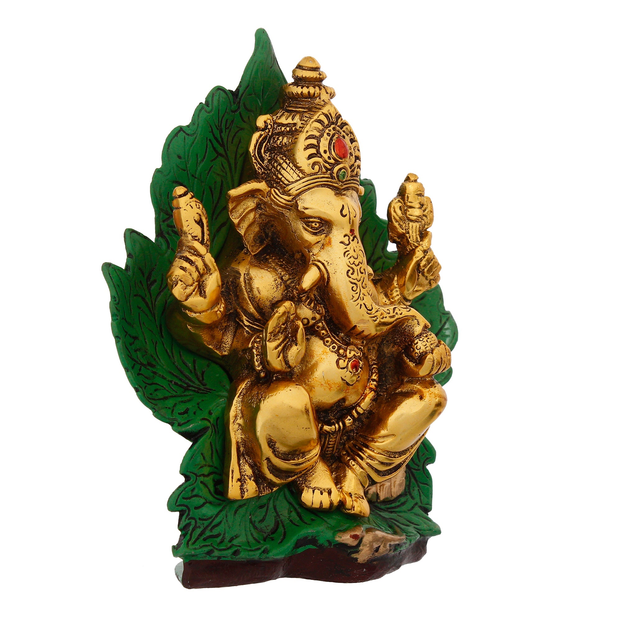 Golden Metal Lord Ganesha Idol Sitting on Green Throne Kafalo