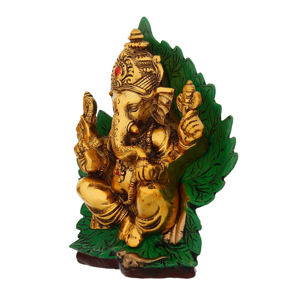 Golden Metal Lord Ganesha Idol Sitting on Green Throne Kafalo