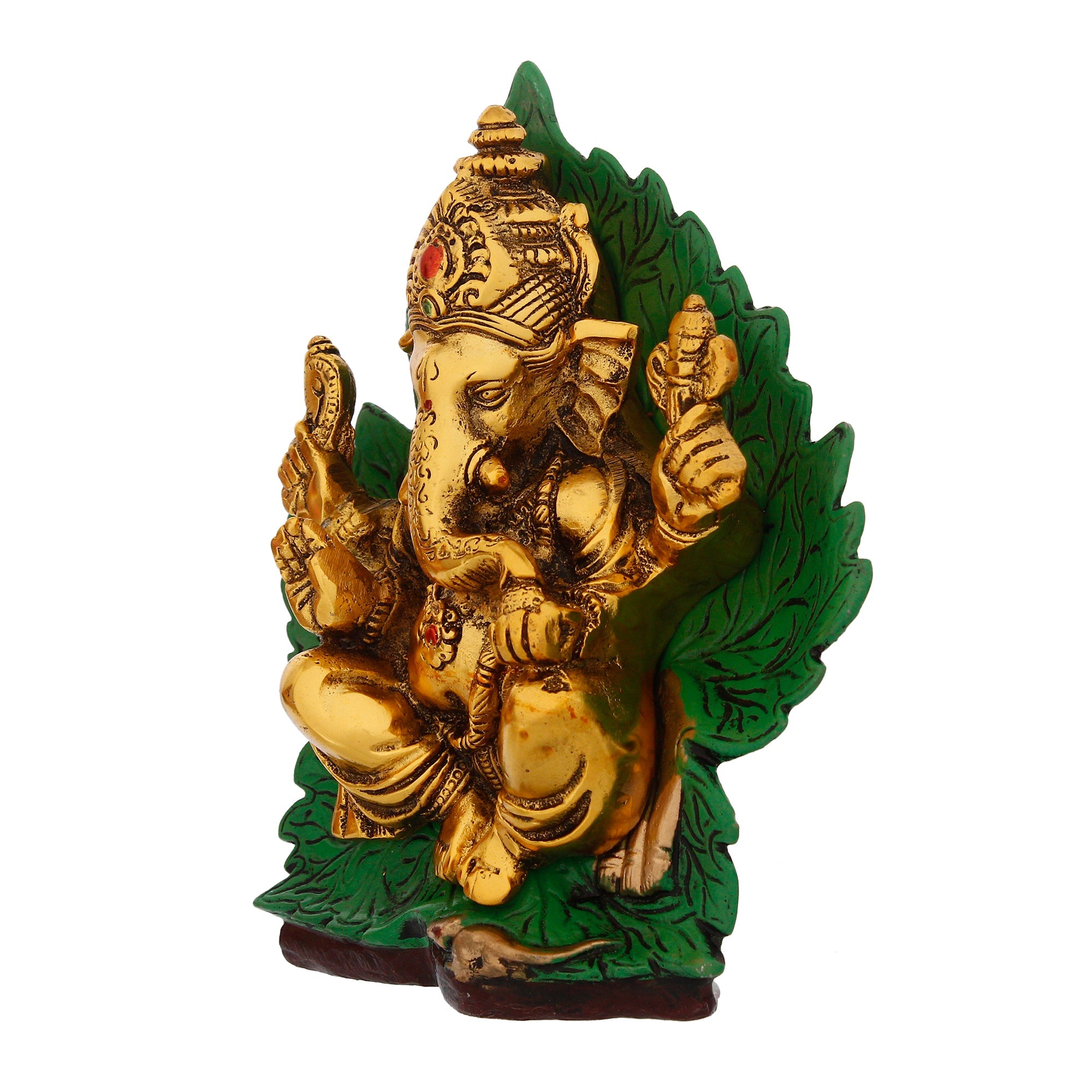 Golden Metal Lord Ganesha Idol Sitting on Green Throne Kafalo