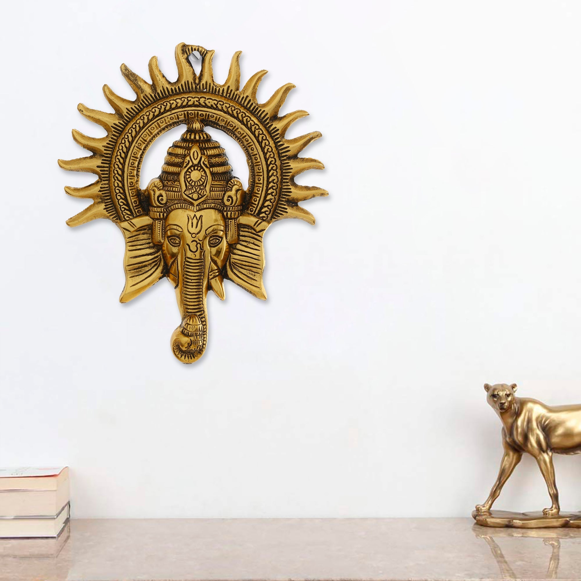 Golden Lord Ganesha with Sun Decorative Metal Wall Hanging Art Kafalo