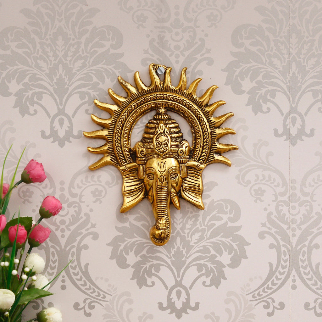Golden Lord Ganesha with Sun Decorative Metal Wall Hanging Art Kafalo
