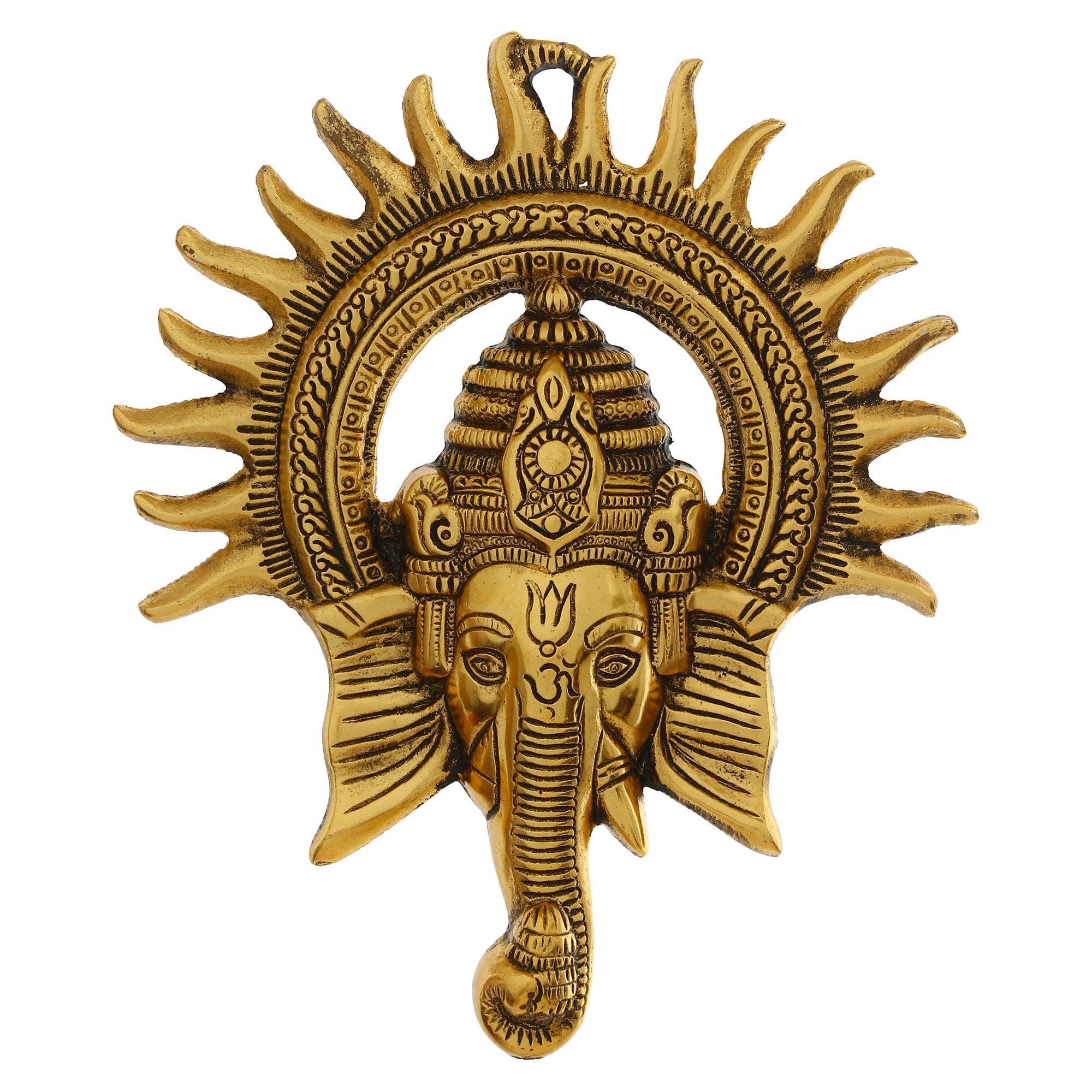 Golden Lord Ganesha with Sun Decorative Metal Wall Hanging Art Kafalo