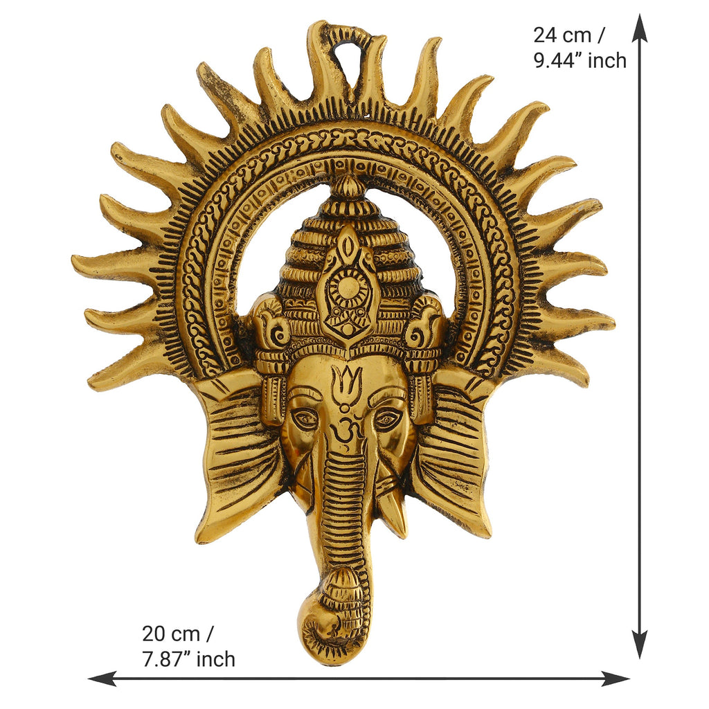 Golden Lord Ganesha with Sun Decorative Metal Wall Hanging Art Kafalo