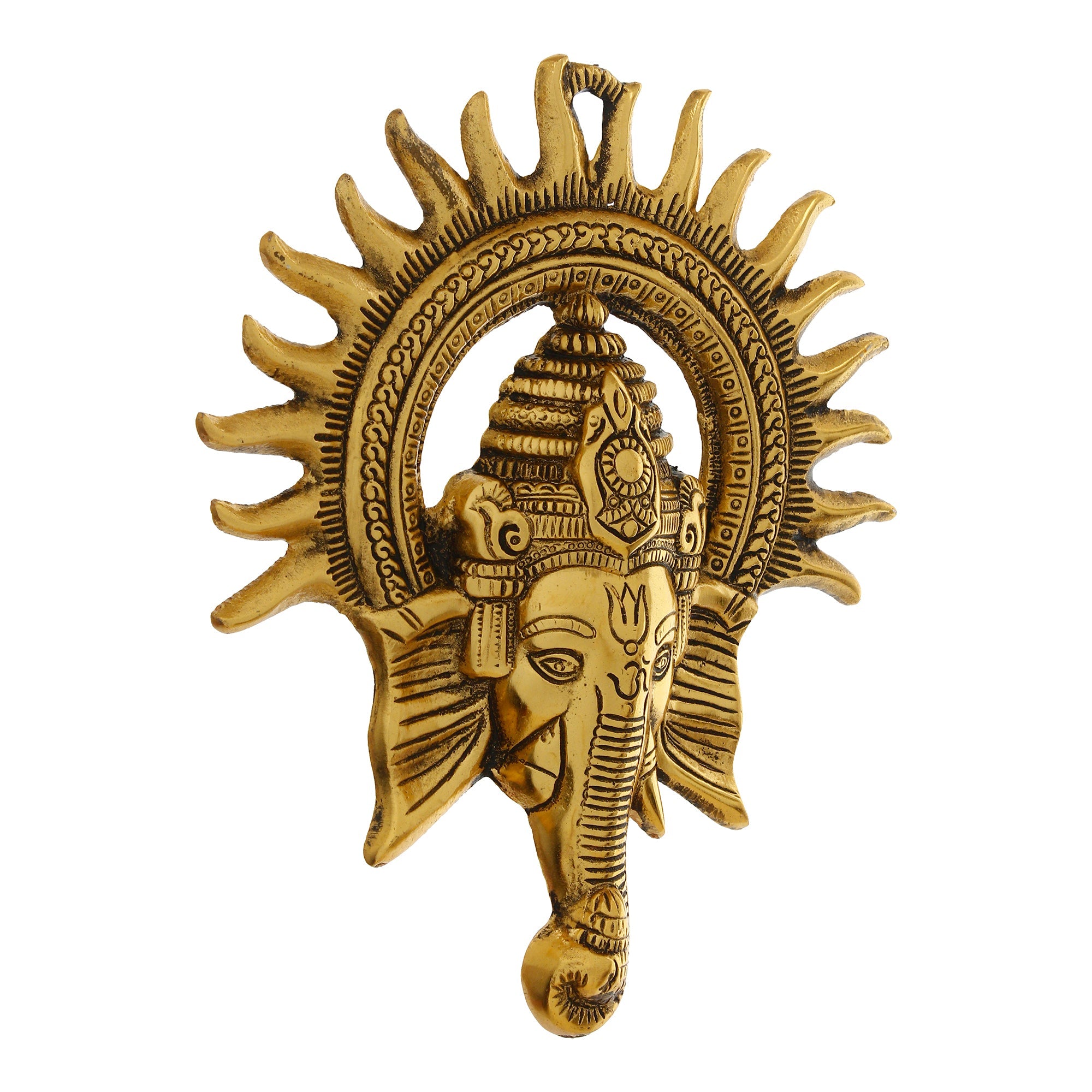 Golden Lord Ganesha with Sun Decorative Metal Wall Hanging Art Kafalo