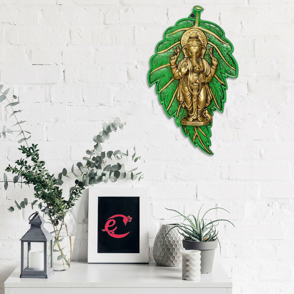 Golden Chaturbhuj Lord Ganesha on Green Leaf Metal Wall Hanging Art Kafalo