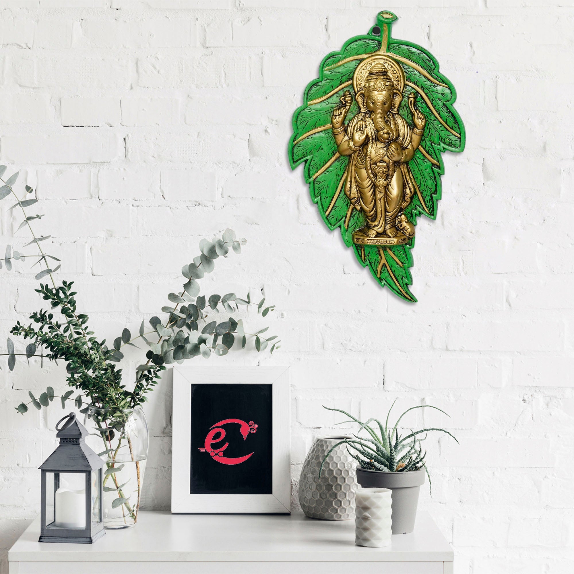 Golden Chaturbhuj Lord Ganesha on Green Leaf Metal Wall Hanging Art Kafalo