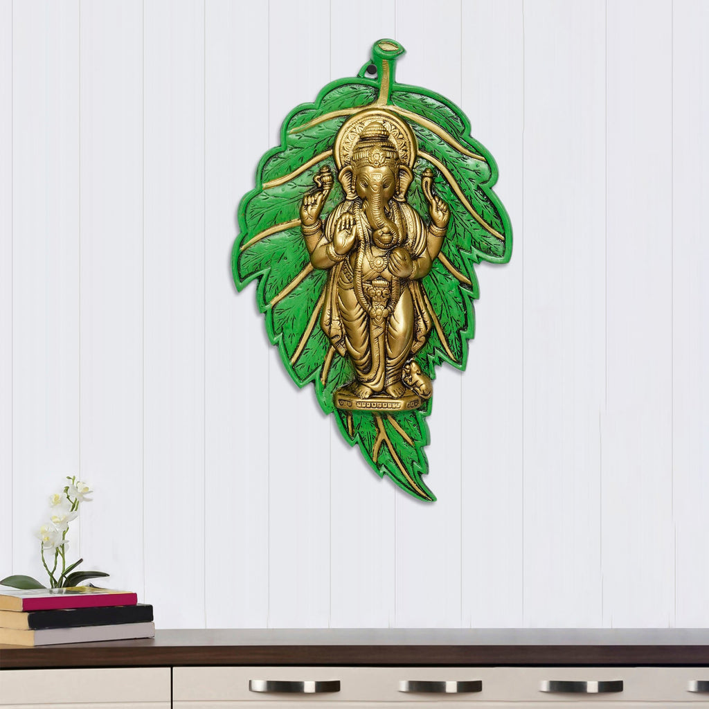 Golden Chaturbhuj Lord Ganesha on Green Leaf Metal Wall Hanging Art Kafalo