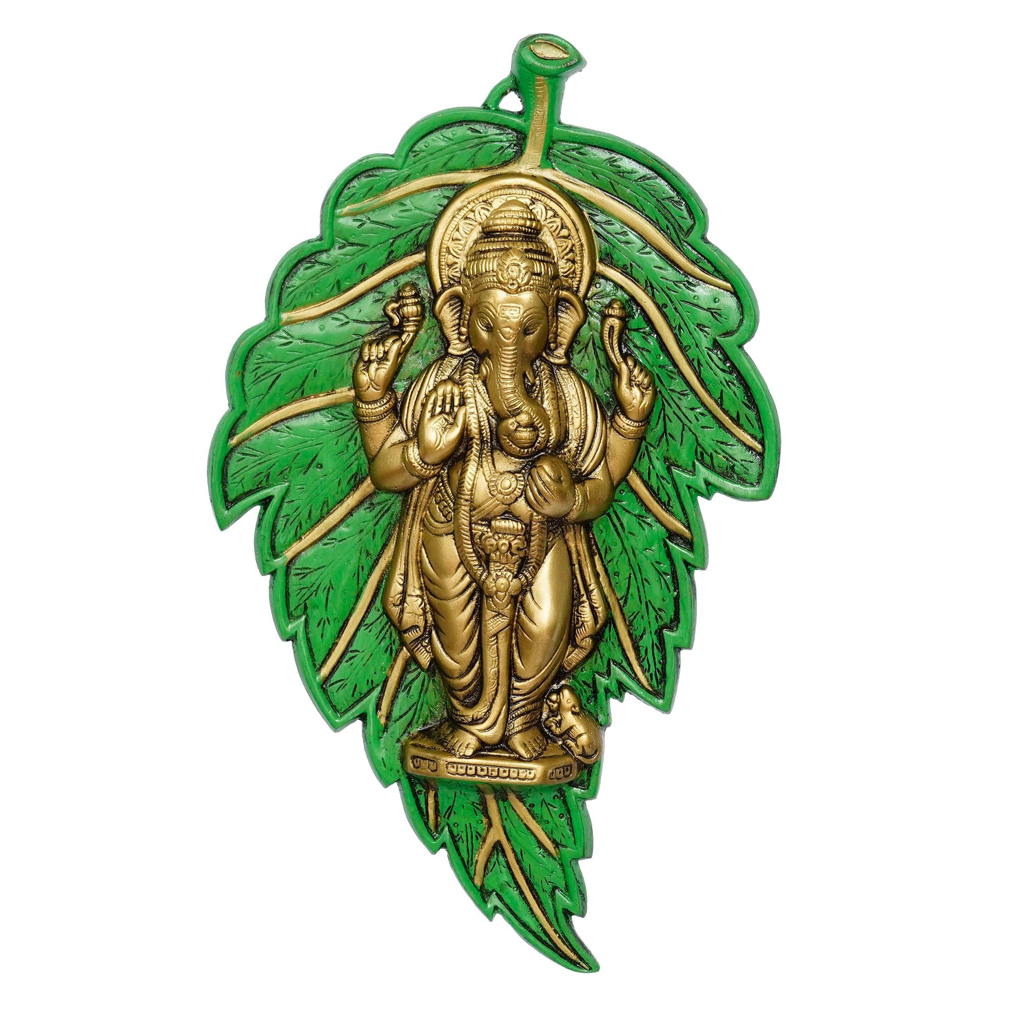 Golden Chaturbhuj Lord Ganesha on Green Leaf Metal Wall Hanging Art Kafalo