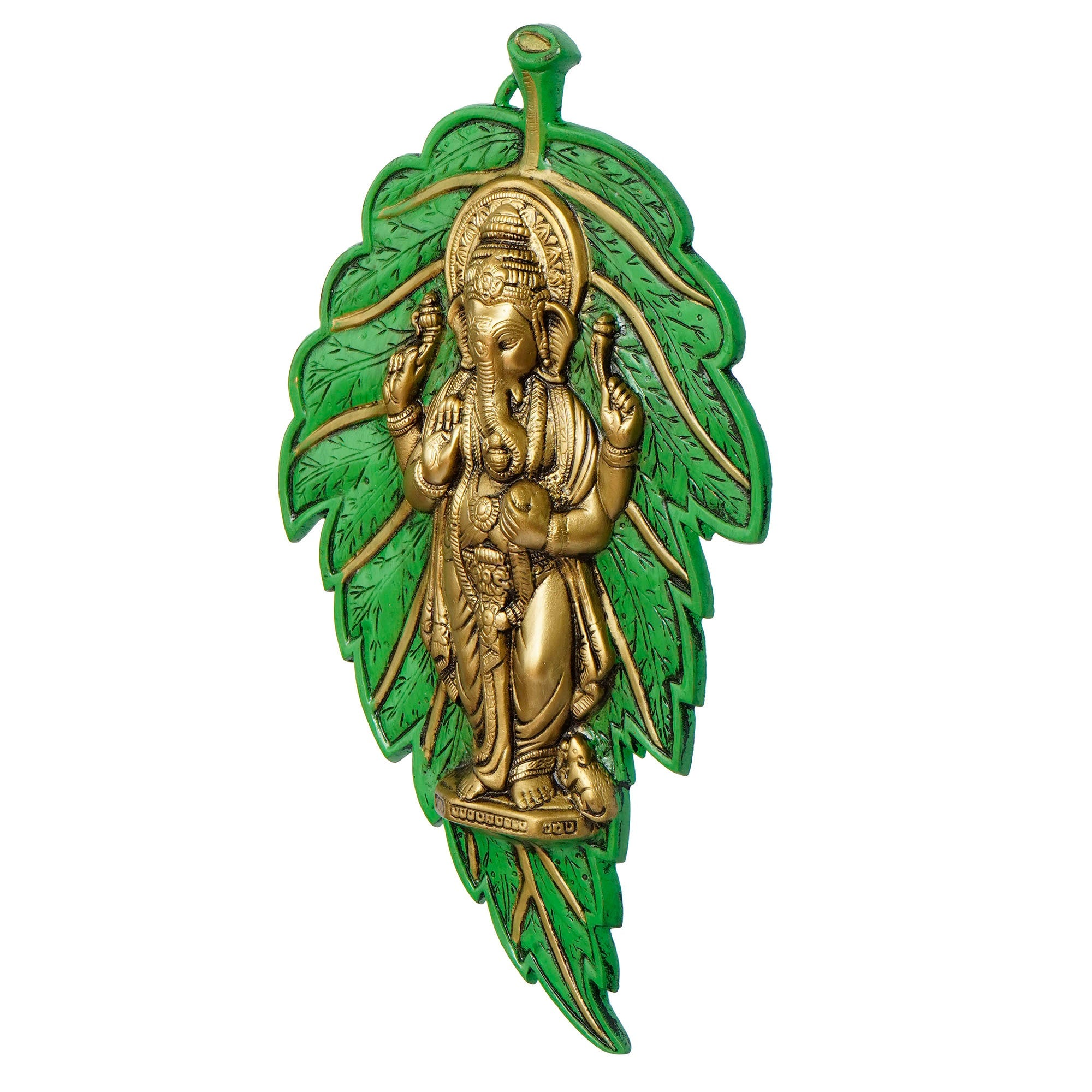 Golden Chaturbhuj Lord Ganesha on Green Leaf Metal Wall Hanging Art Kafalo