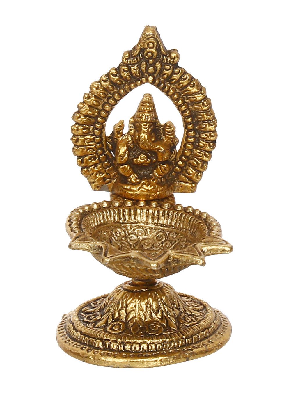 Lord Ganesha Idol with Diya Handcrafted Golden Metal Showpiece Kafalo