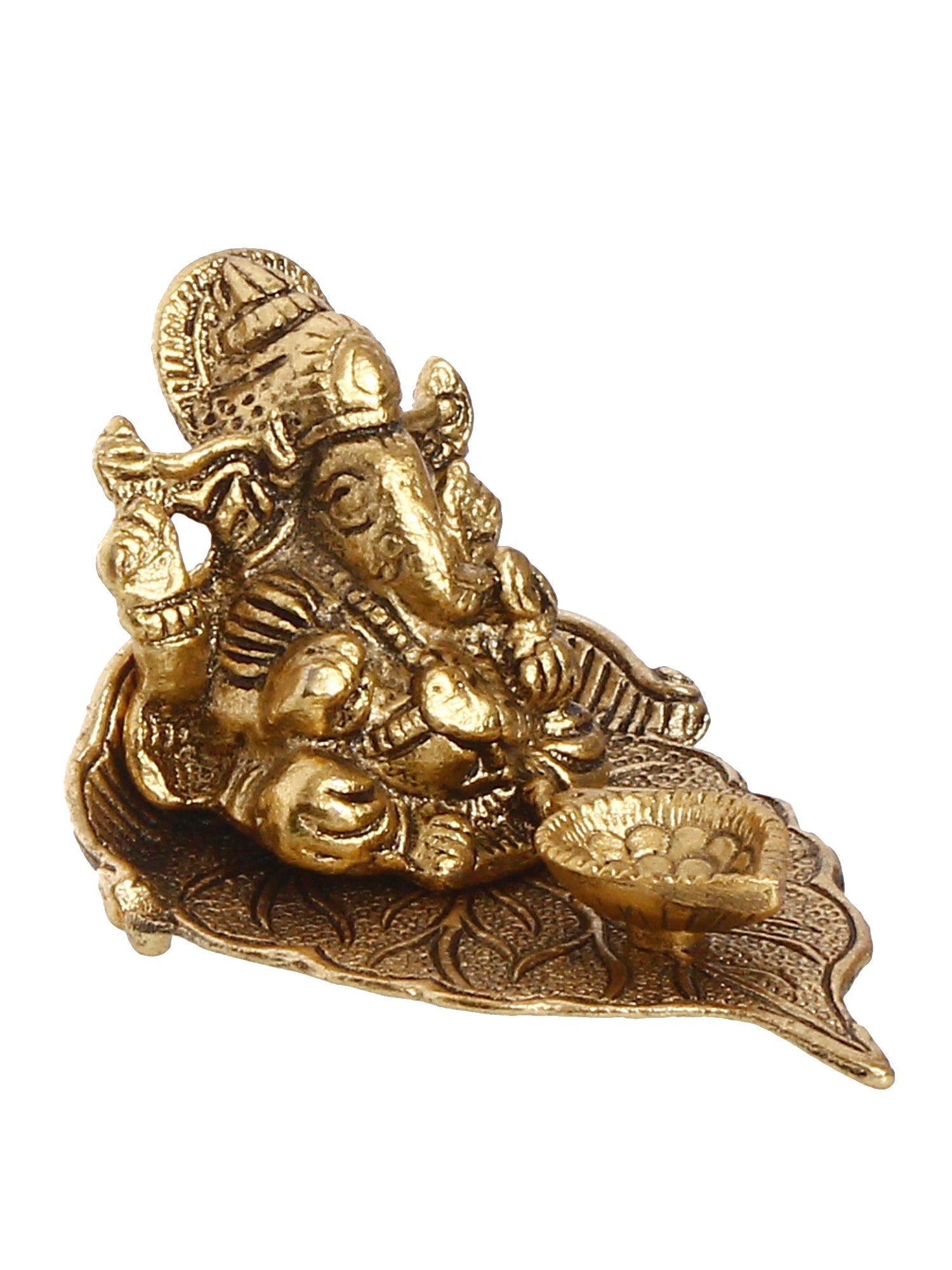 Golden Metal Handcrafted Lord Ganesha Idol with Diya on Leaf Kafalo