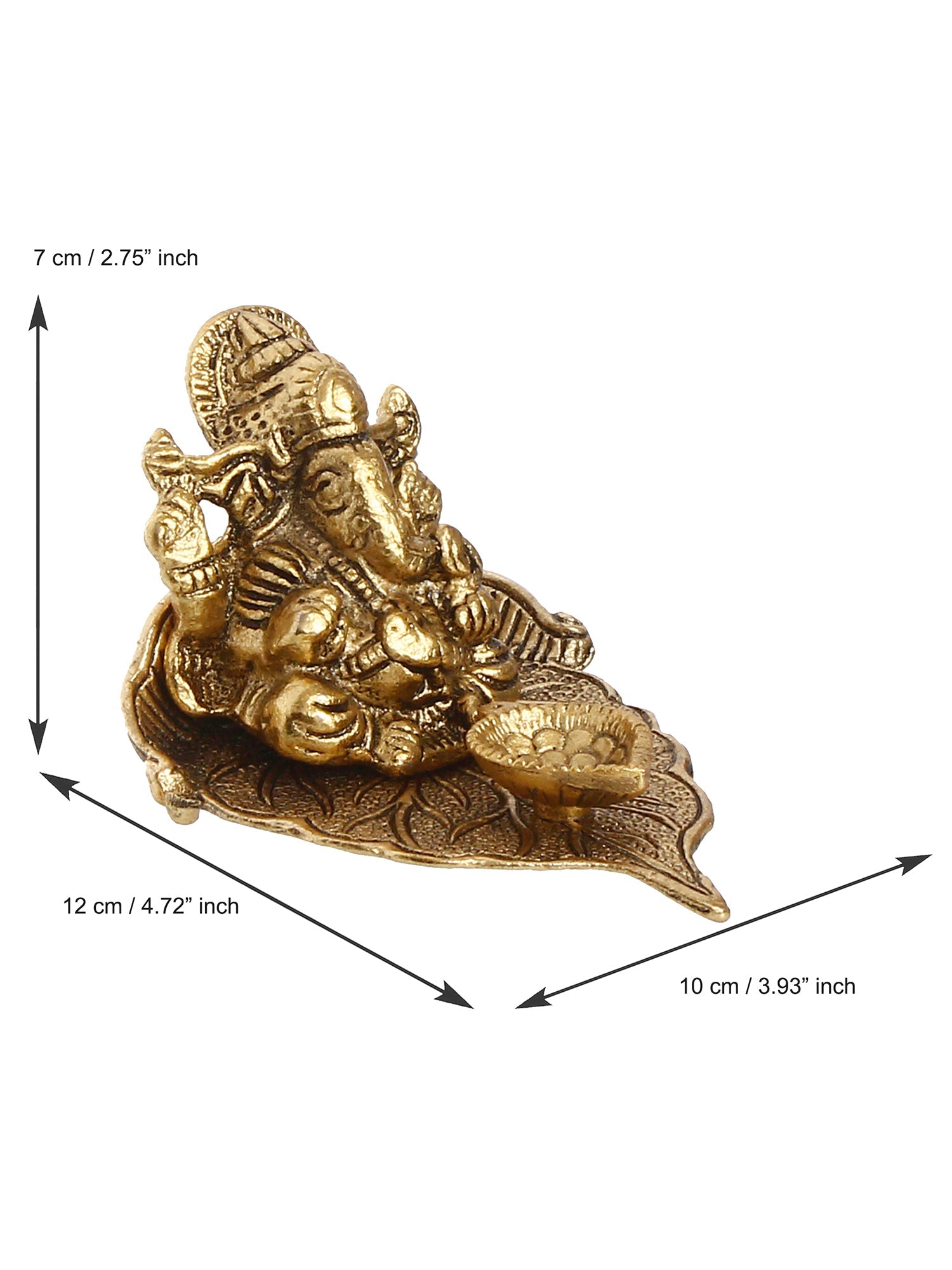Golden Metal Handcrafted Lord Ganesha Idol with Diya on Leaf Kafalo