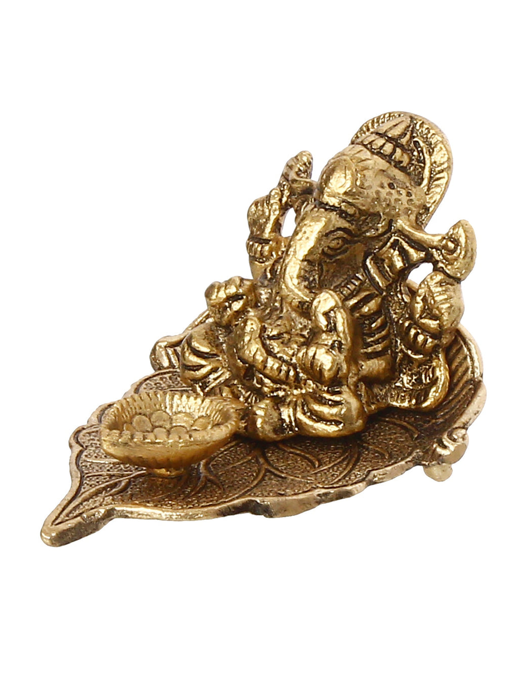 Golden Metal Handcrafted Lord Ganesha Idol with Diya on Leaf Kafalo