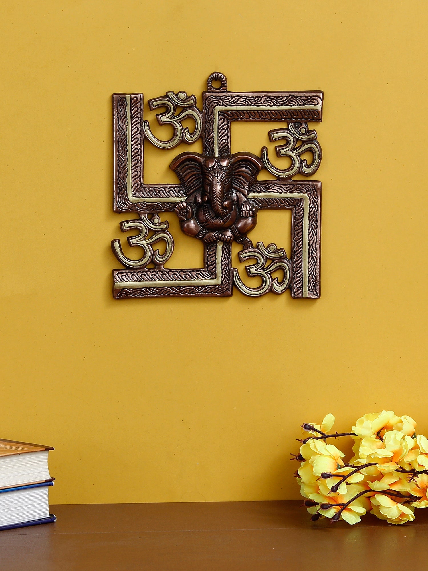 Metal Religious Swastik Om Symbol With Lord Ganesha Wall Hanging Kafalo