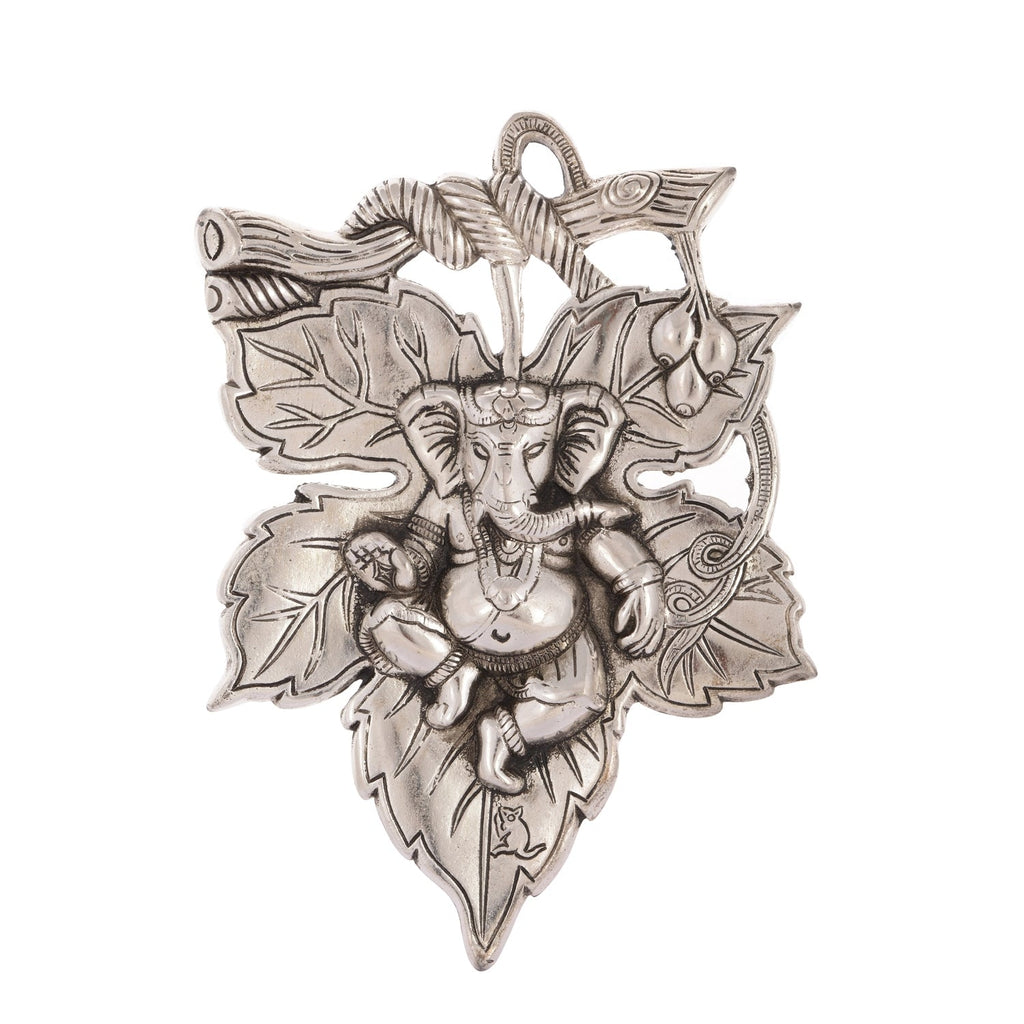 Metal Silver Finish Lord Ganesha on Creative Leaf Handcrafted Metal Wall Hanging Kafalo