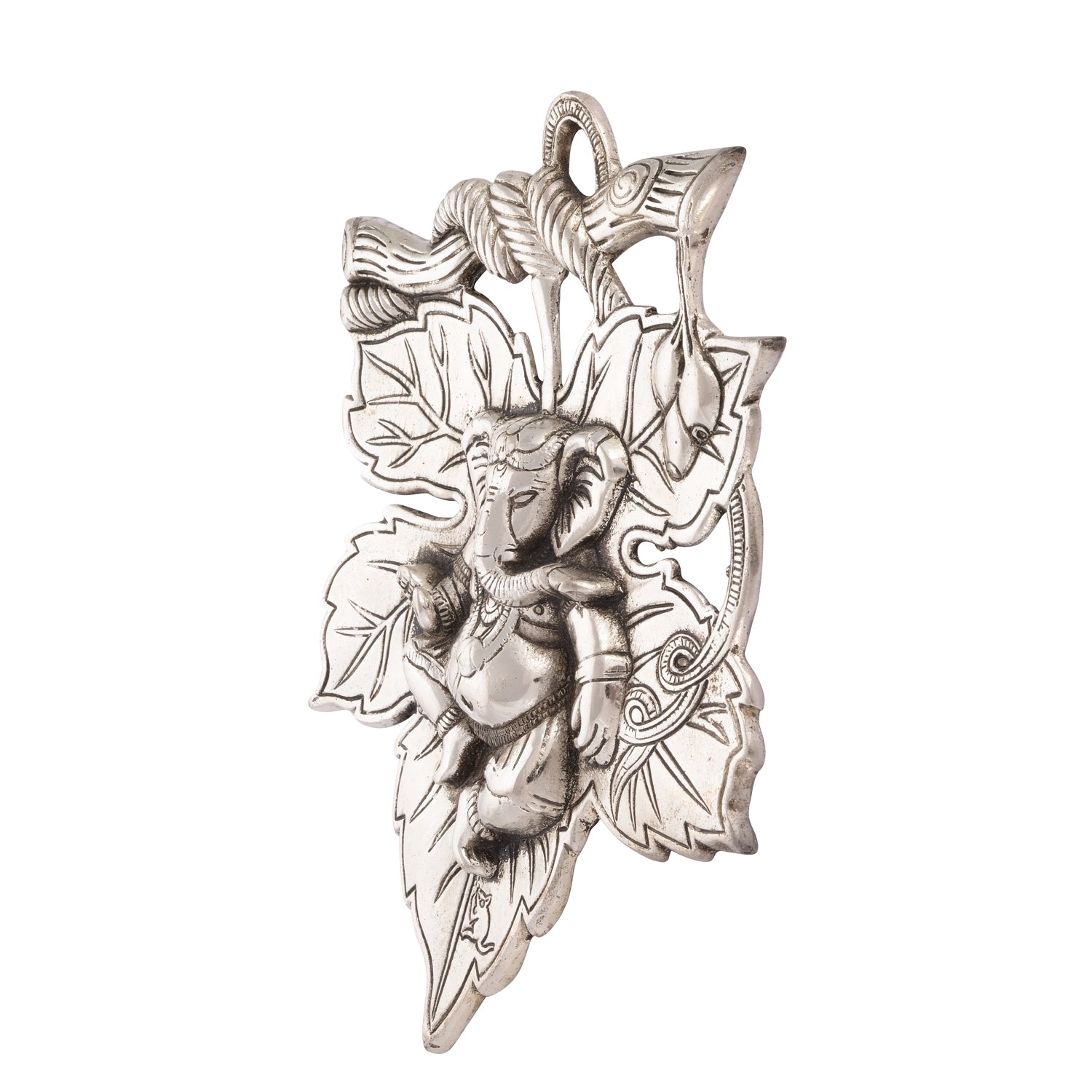 Metal Silver Finish Lord Ganesha on Creative Leaf Handcrafted Metal Wall Hanging Kafalo
