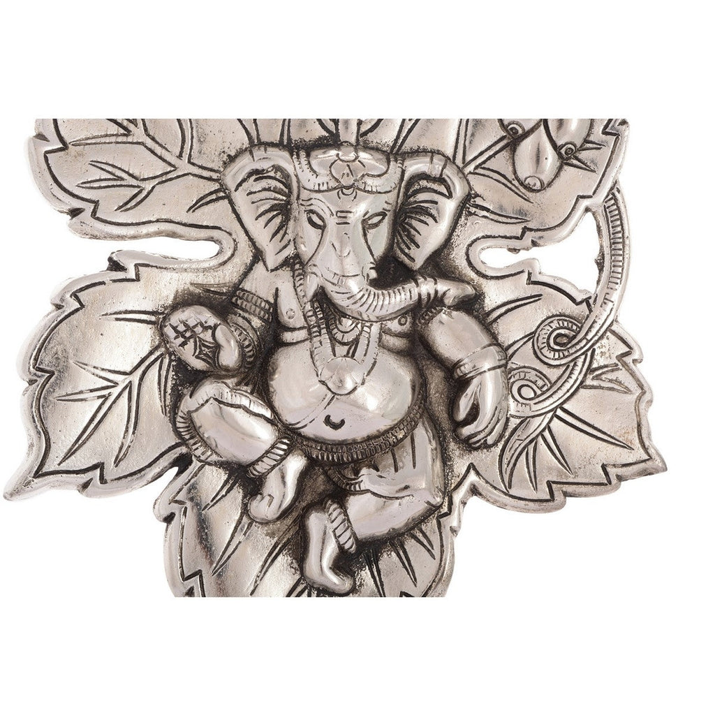 Metal Silver Finish Lord Ganesha on Creative Leaf Handcrafted Metal Wall Hanging Kafalo