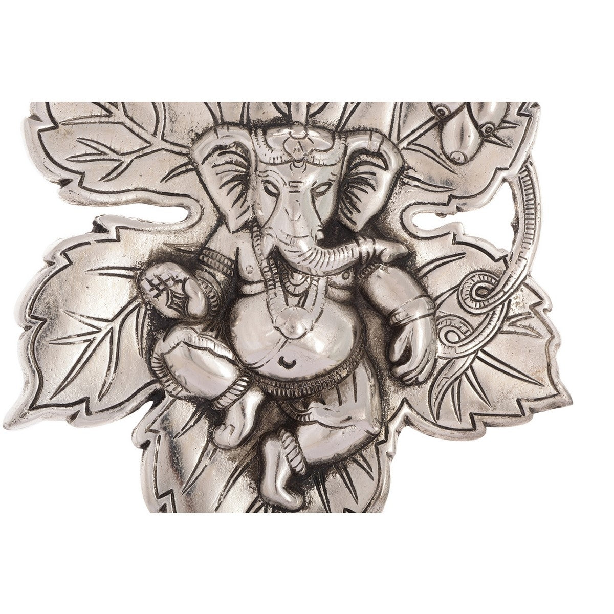 Metal Silver Finish Lord Ganesha on Creative Leaf Handcrafted Metal Wall Hanging Kafalo