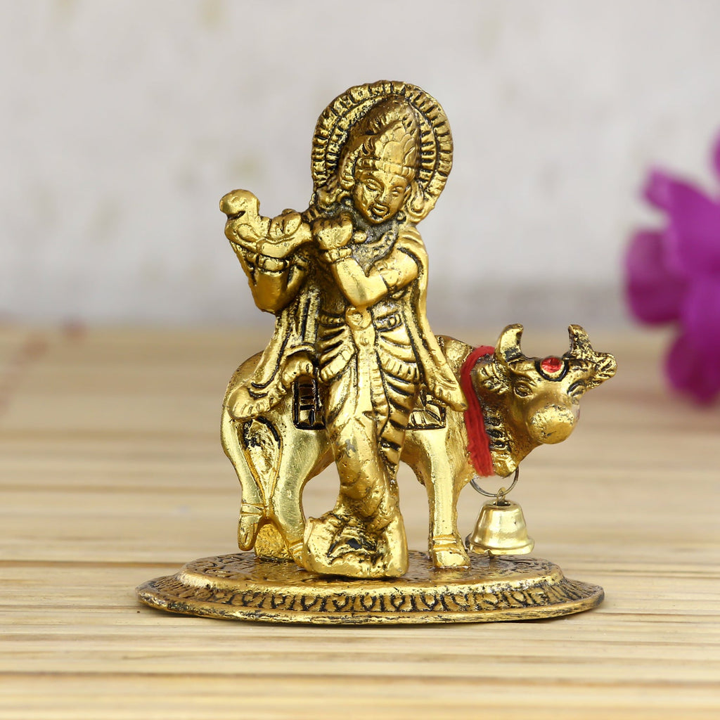 Golden Metal Lord Krishna playing Flute with Cow Showpiece Kafalo