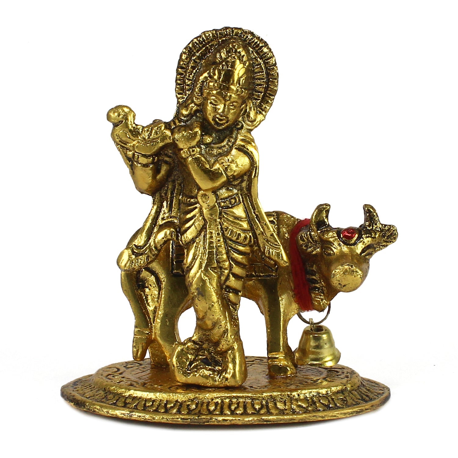 Golden Metal Lord Krishna playing Flute with Cow Showpiece Kafalo