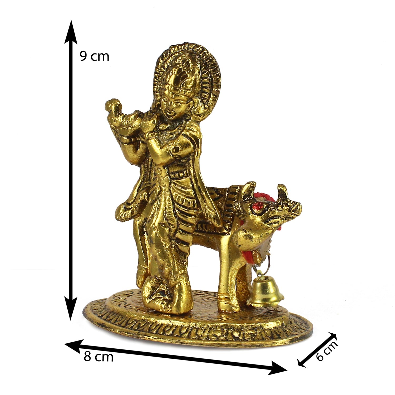 Golden Metal Lord Krishna playing Flute with Cow Showpiece Kafalo