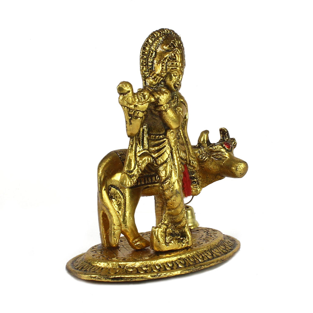 Golden Metal Lord Krishna playing Flute with Cow Showpiece Kafalo