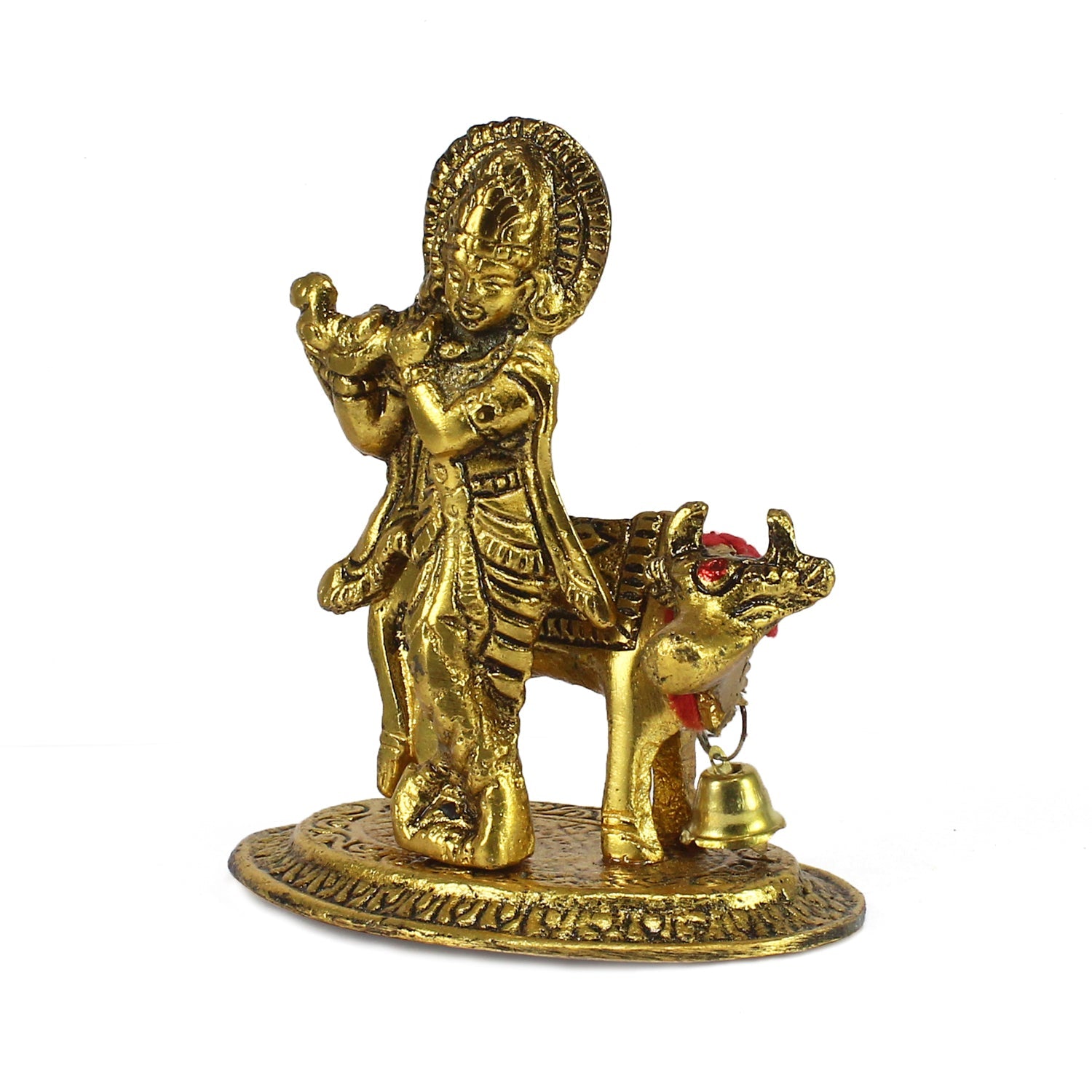 Golden Metal Lord Krishna playing Flute with Cow Showpiece Kafalo