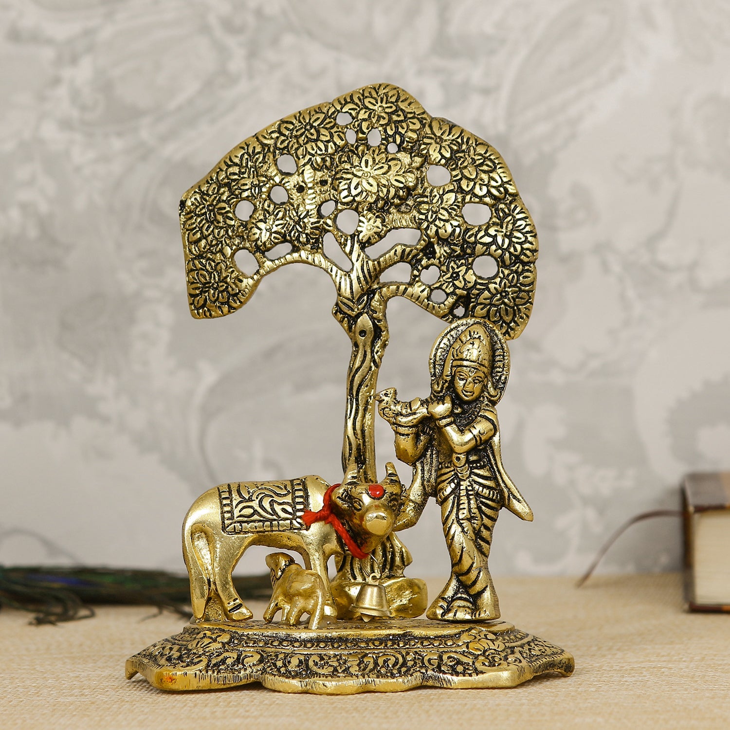 Golden Lord Krishna Idol playing Flute under Tree with Cow and Calf Kafalo