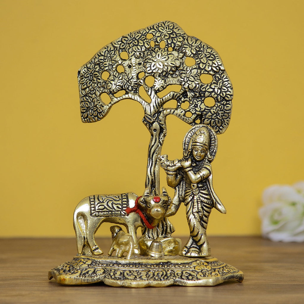 Golden Lord Krishna Idol playing Flute under Tree with Cow and Calf Kafalo