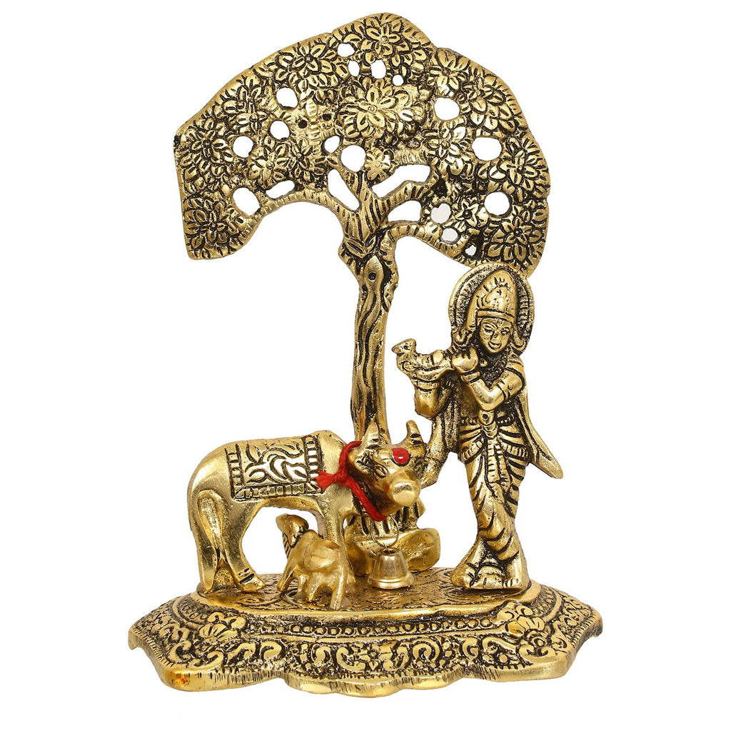 Golden Lord Krishna Idol playing Flute under Tree with Cow and Calf Kafalo