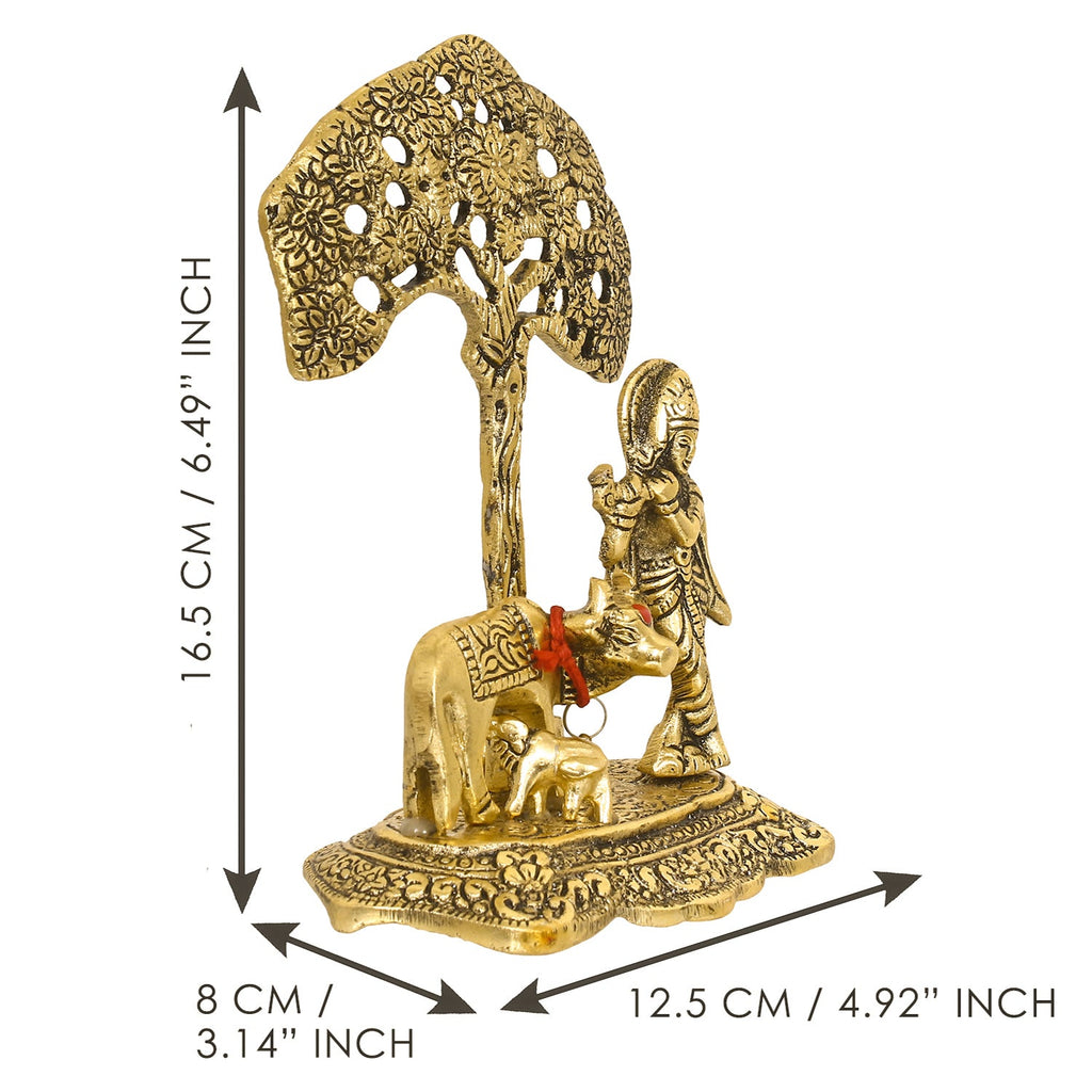 Golden Lord Krishna Idol playing Flute under Tree with Cow and Calf Kafalo