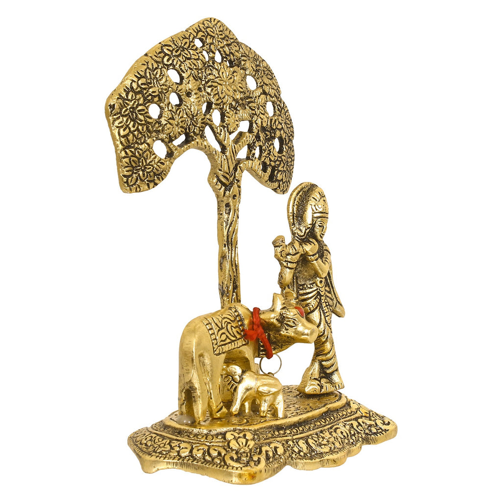 Golden Lord Krishna Idol playing Flute under Tree with Cow and Calf Kafalo