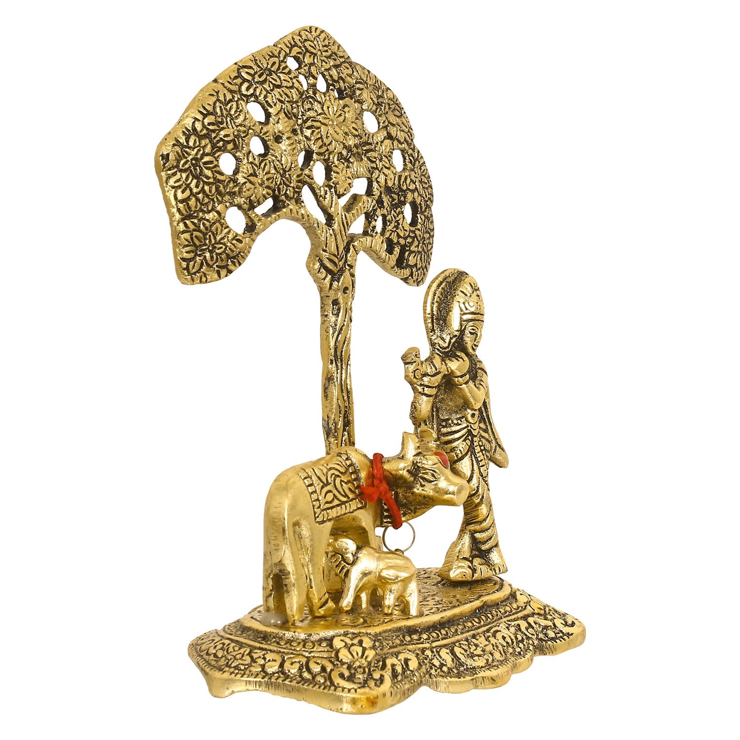 Golden Lord Krishna Idol playing Flute under Tree with Cow and Calf Kafalo