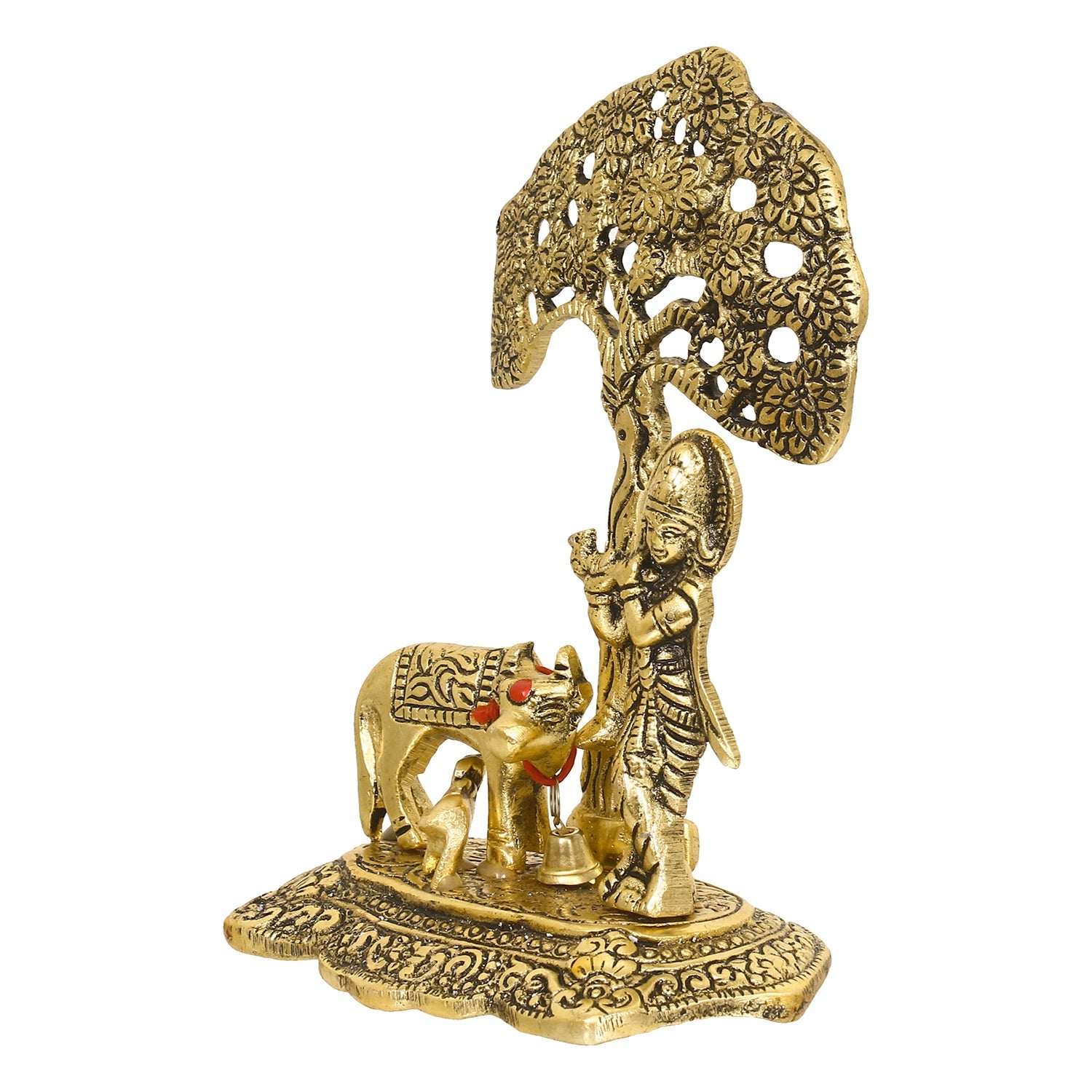 Golden Lord Krishna Idol playing Flute under Tree with Cow and Calf Kafalo