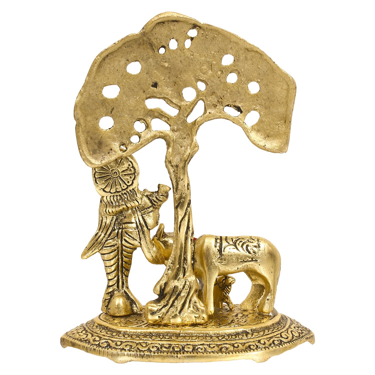 Golden Lord Krishna Idol playing Flute under Tree with Cow and Calf Kafalo