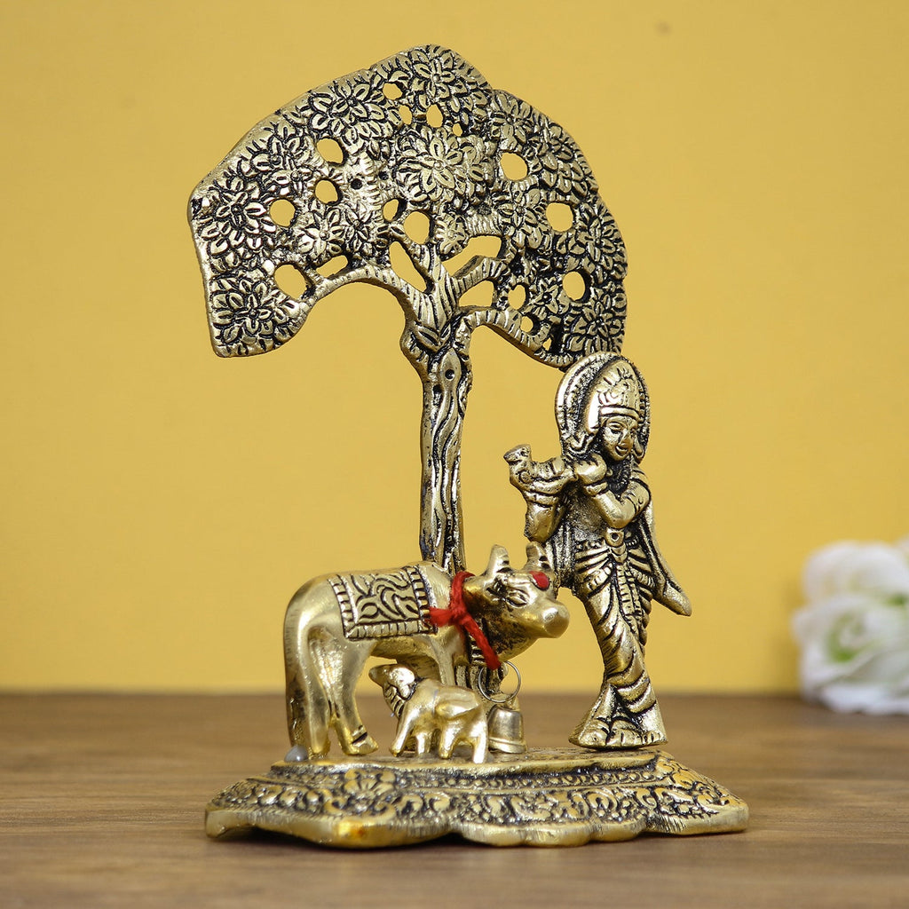 Golden Lord Krishna Idol playing Flute under Tree with Cow and Calf Kafalo