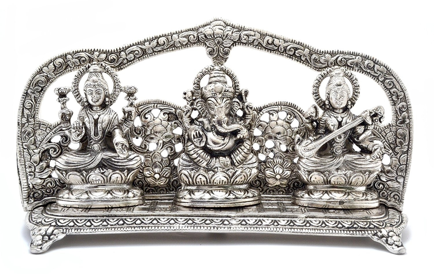 Silver Metal laxmi ganesha saraswati Shining Religious Decorative Showpiece Kafalo