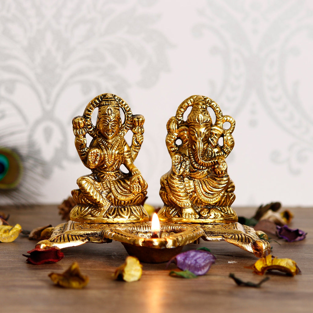 Golden Goddess Laxmi With Lord Ganesha Idol and Decorative Diya Metal Showpiece Kafalo