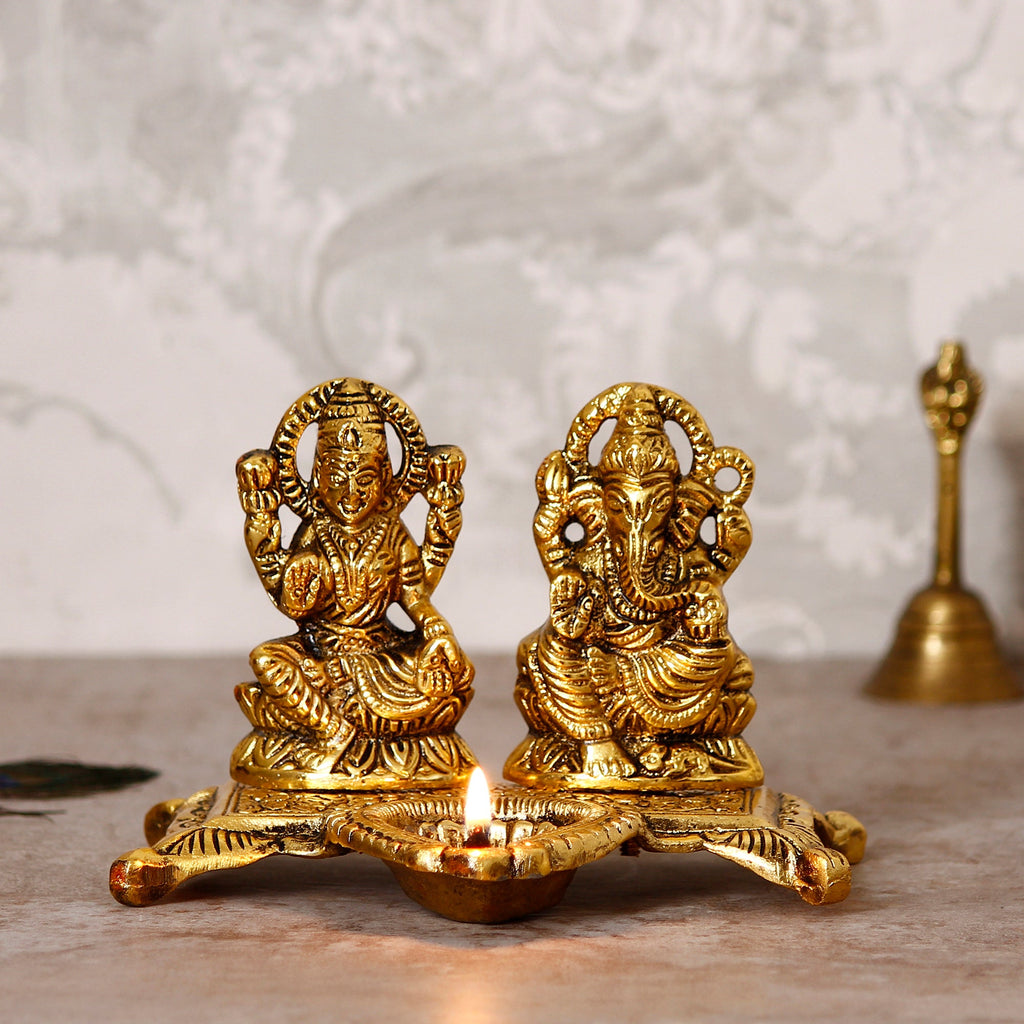 Golden Goddess Laxmi With Lord Ganesha Idol and Decorative Diya Metal Showpiece Kafalo