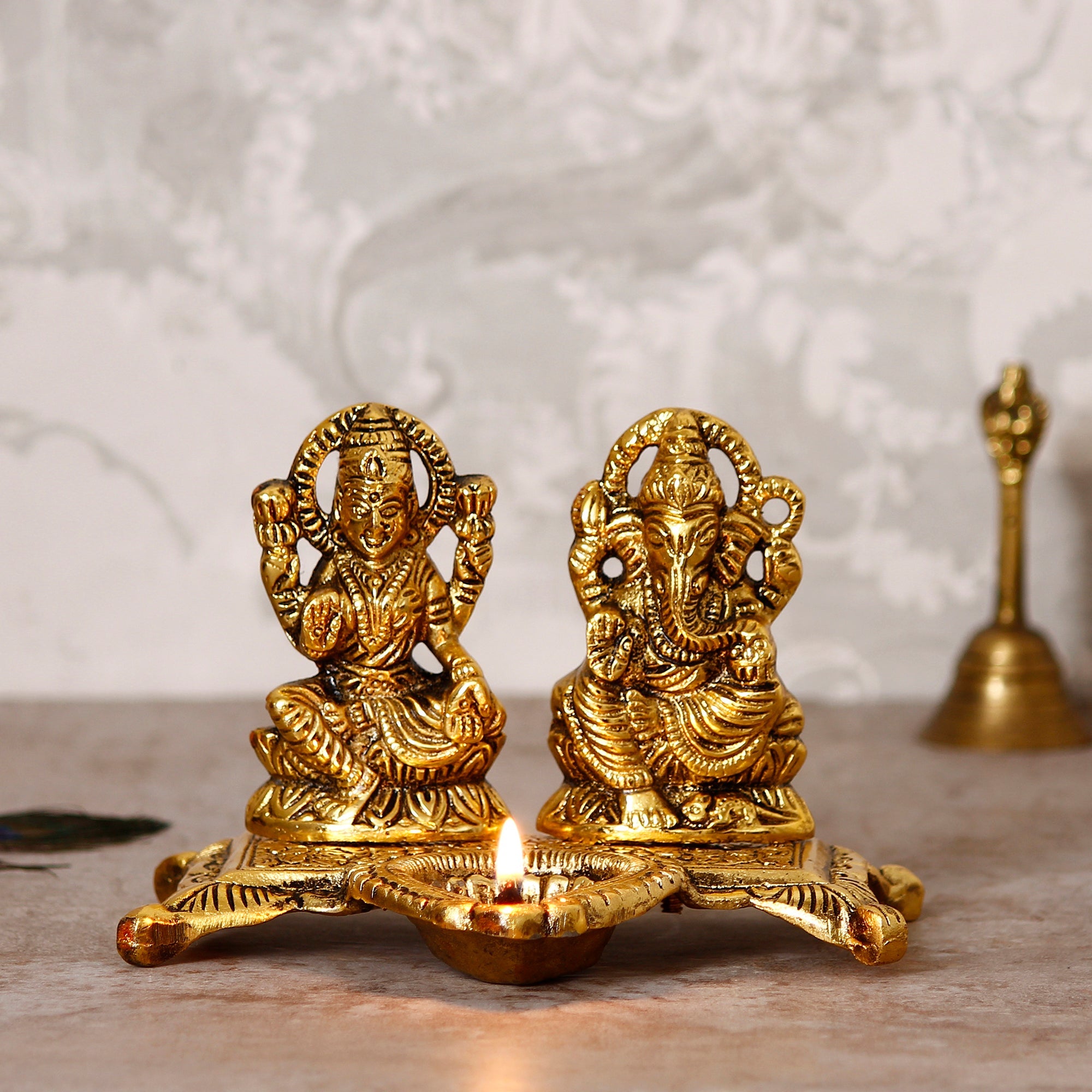 Golden Goddess Laxmi With Lord Ganesha Idol and Decorative Diya Metal Showpiece Kafalo